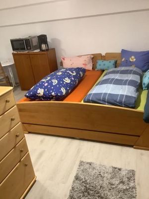 Image of Doppelzimmer mit neuem Bad und Sportpool-Nutzung außen, im Souterrain der Villa Naturpark, Garten mit Rheinblick