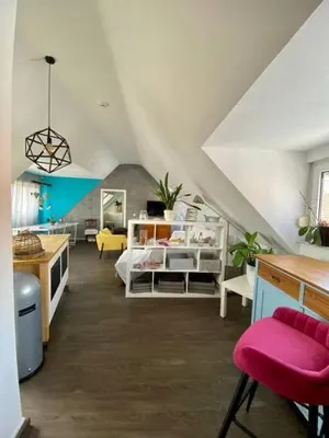 Image of Light flow stylish attic house. m. balcony