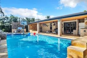 Image of Sunny Paradise w Saltwater Pool Hot Tub Grill Sunrise