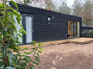 Image of Houten tiny house omringd door natuur