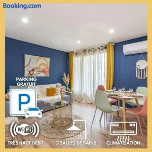 Image of AMJA Proche clinique Saint-Roch apt 3 chambres 3 salles de bain parking gratuit idéal famille groupe coworking 10 min centre ville 10 min plage 5 min sortie autoroute