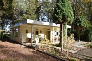 Image of A detached bungalow with outdoor fireplace covered terrace and pond in a forest plot