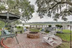 Image of Secluded Riverfront Home with Dock Under Mossy Oaks