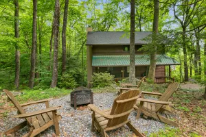 Image of Rustic log cabin in Rumbling Bald with firepit, deck, & pool access