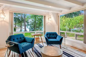 Image of Gorgeous bay front gem with decks, grill, fireplace, wood stove, & private sauna