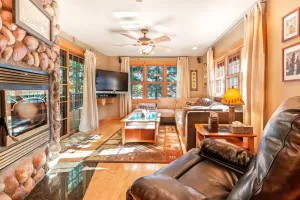 Image of Dog-friendly waterfront cabin w\/ wood-burning fireplace, boat dock, & firepit