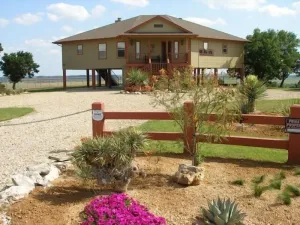 Image of Brazos River View Large Covered Private Deck with Hot Tub and Fire Pit
