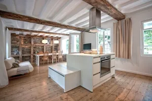 Image of Half-timbered house 18th century, modern design, terrace, river property