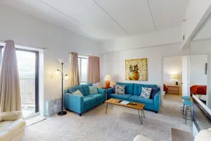 Image of Sixth-floor, mountain view condo w\/ a wood fireplace, shared hot tub, & pool