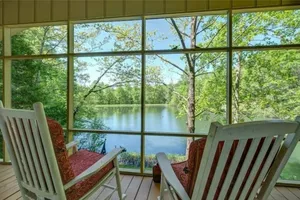 Image of Waterfront cabin in the mountains. Peaceful, relaxing setting.