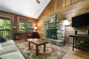 Image of Log cabin on peaceful river