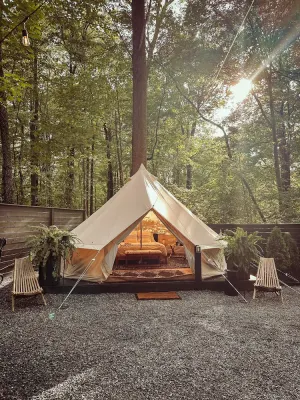 Image of A luxurious glamping tent nestled in the trees.