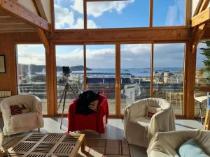 Image of Recent wood-frame villa with panoramic view of the port and islands.