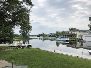 Image of Lake Wawasee waterfront home overlooking Johnson's Bay. New Renovations for 2024