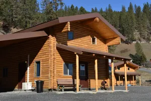 Image of Modern log cabin with a cozy cabin feel along the Clearwater River.