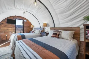 Image of Fun Outlaw Covered Wagon w\/2 Queen Beds & Fire Pit