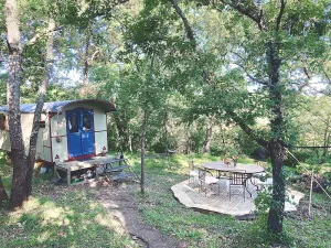 Image of Gypsy Caravan and Wooden Cabin In Nature