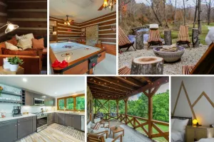 Image of Cozy Boho Log Cabin 20 mins to AVL with Hot tub-Game room-Creek-Firepit-Hammock