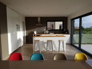 Image of Modern wooden house in a seaside village, landing beaches