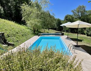 Image of Cozy house with swimming pool surrounded by nature's beauty