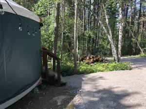 Image of Blue yurt, out in the woods! Unplugged, you are out in nature away from it all.