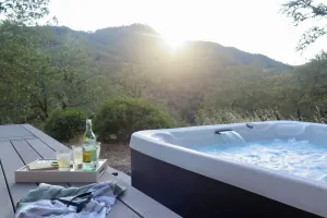 Image of Modern ecochic luxe indoor\/outdoor getaway- mountaintop views & hot tub!