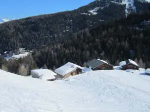 Image of Typical Savoyard chalet with roof shingles, tufa walls and foist