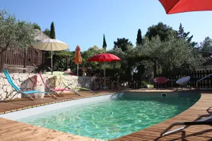 Image of Magnificent villa with heated pool, breathtaking view amid olive trees.<br>
