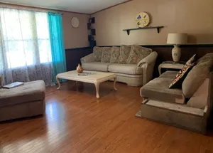 Image of 5 bdrm, 3 full bth, large living room and fireplace area.