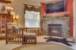 Image of Riverfront mountain townhouse with pool & hot tub, patio, & easy ski access