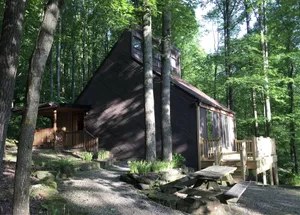 Image of Mid-century A-frame style cabin with lake views near the heart of Amish Country