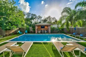 Image of Spanish Modern Family Beach Retreat w\/ Heated Pool