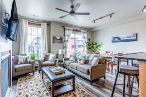 Image of Downtown, mountain-view stay with balcony, fireplace & washer\/dryer