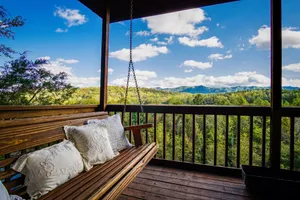 Image of Cliffhanging Cabin over French Broad River between Hot Springs, NC and Gatlinburg Tn