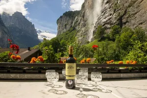 Image of 2 BALCONIES,1 TERRACE,VIEWS OF  WATERFALL, MOUNTAINS, RIVER,WENGEN,TRAINS,