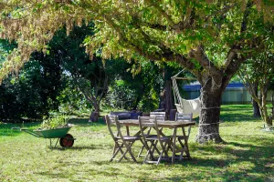 Image of Peaceful Orange Retreat in Town with Idyllic Green Garden