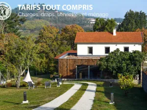 Image of Elegant Modern Cottage with Garden, Terraces, and Pond