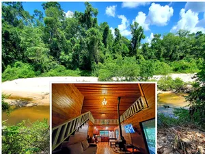 Image of Waterfront cabin with private beach, decks with water views, secluded in trees