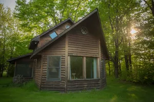 Image of Spiral Staircase Leads To The Lofted Bedroom And Overlooks The Birch Woods.