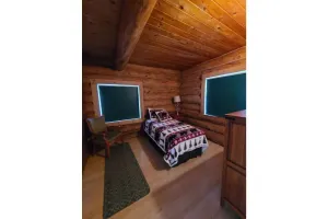 Image of Full scribe log cabin with wood stove and kitchen