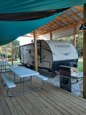 Image of Cozy RV at entrance to Lake Somerville