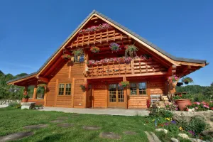 Image of New chalet made with traditional wood with private pond