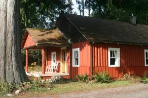 Image of This historic cabin is just a few miles from Mt Rainier National Park. Pet friendly. Fish pond, pastures, old cedars, 11-acres. Private hot tub surrounded by grove of old cedars.