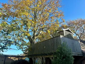 Image of Studio & balcony with tree growing through it, spiral staircase, stunning views.