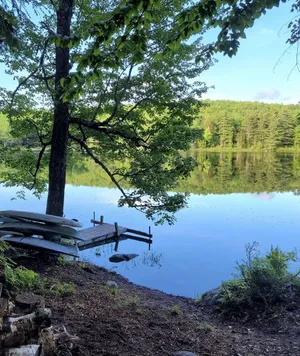 Image of Waterfront Cabin- look down on water from deck, private docks & fire pit