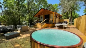 Image of Lake front glamping cabin. Bathroom inside.