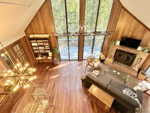 Image of Newly-Updated + Retro-Style Cabin + For People w\/Dogs + Fireplace + Woods + Cool
