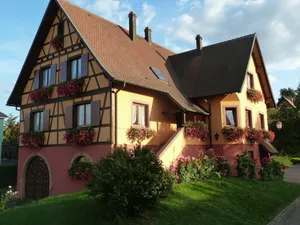 Image of The Chestnut tree. Traditional Alsace house. View of the vineyard and St Odile