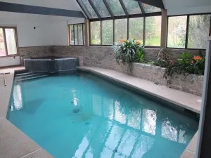 Image of Indoor pool and spa in contemporary French home secluded in surrounding woods