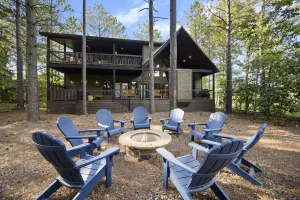 Image of Cloudpine Cabin in Hochatown. 2 covered decks, fire-pit, hot tub, game room
